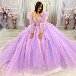 Lilac Quinceanera Sukienki długie rękawy Tiulowe gorset z tyłu Pliski Zabrajki Standardowe Słodka 16 Księżniczka Przyjęcie urodzinowe Suknia Ball Vestidos 2022