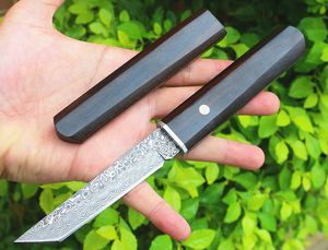 Promotion Survival Straight Kniv VG10 Damascus Steel Tanto Point Blade Ebony Handtag Fasta knivknivar med trähylsa