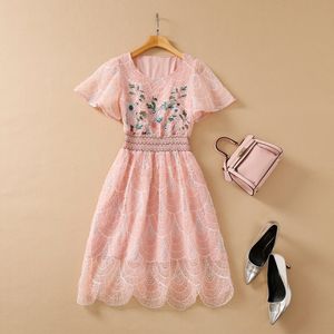 European and American women's summer 2022 new Short sleeve round neck flower embroidered pink mesh Fashion dress XXL