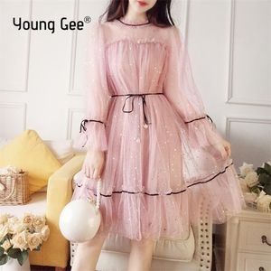 Młode gee kobiety Summer Autumn Bling Stars cekiny siatkowe sukienki Nowe marszczenia koronkowe żeńskie rękawy luźne sukienki vintage vestidos t200320