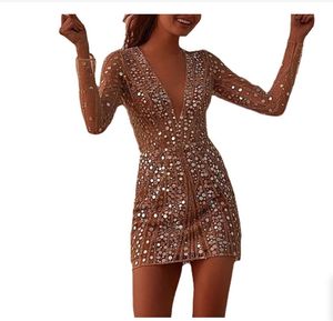 Woman Mini Dress Evening Party Long Sleeve Deep V Neck Dress Skinny Sexy Clubwear Dresses