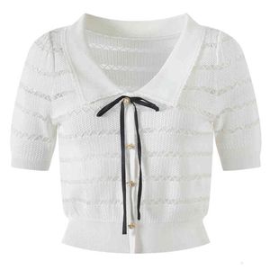 Dantel Yaz Hırka Womens toptan satış-Kadın Sweaters Tatlı Yaşlanan Dantel Yakası Kazan Düğmesi Kazak Kadın Giyim Yaz Fransız Hollow Stripe HARDIGAN S2TQ