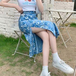 Big Size Side Split Jean Skirts Summer High Waist Printed Floral Blue Skirts Elastic Waist Retro Streetwear Casual Denim Skirts 220611