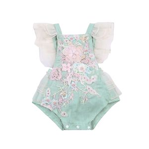 Infant born Baby Girls Casual Romper Light Blue Sleeveless Square Collar Floral Embroidery Pattern 220525