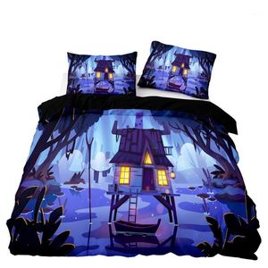Bedding Sets Blue Duvet Cover Horror House Pattern Set With Pillowcase Cartoon Style For Double Twin Size