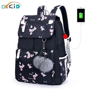 OKKID Pink Flower School ryggsäck för flickor Kvinnor Travel Laptop Ryggsäck USB laddar ryggsäckar för barn Student Schoolbag LJ201225