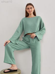 Hiloc Green High Waist Sets Womens Outfits Pink Cotton Nightwear Women Pyjamas Long Sleeves Crop Tops Loose Women Nightwear L220803