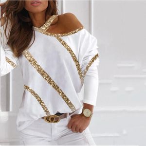 Women's Blouses & Shirts 40# Sexy Sequin Women Blouse Off Shoulder Patchwork Print Office Lady Tunic Tops Long Sleeves Skew Collar Elegant B