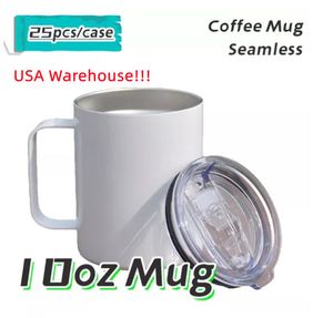 Magazzino locale!!! Tazza da caffè a sublimazione vuota Tazza con manico Tazza da 10 once Subliamtion Bicchieri da viaggio in acciaio inossidabile con coperchi Magazzino USA