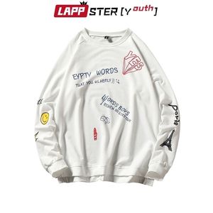 Lappster Men zabawne japońskie bluzy uliczne Hip Hop H-Neck Blukies Fashions Autumn Print Biała bluza z kapturem plus size ins 201126