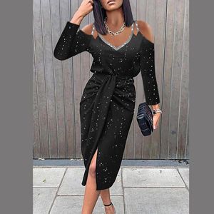 Dorywczo Dresses Moda Patchwork Drukuj Biuro Lady Długa Dress Sexy Hollow Out Lace Party Kobiety Wiosna Jesień Elegancka O-Neck Slit