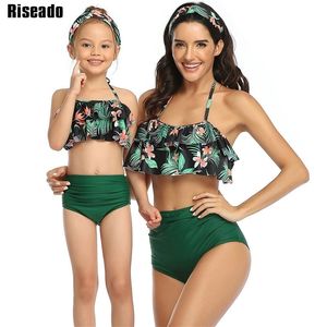 Riseado hoch taillierte Badeanzüge Rüschen Badeanzug Mutter und Tochter Bikinis Neue Beachwear Sexy Neckholder Bikini Set T200508