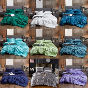 Tela Purple Fleece al por mayor-Conjuntos de seda de imitación de color sólido Juegos de lámina de hoja Cubierta de colcha Caja de almohada Set Soft Home Supplies V2