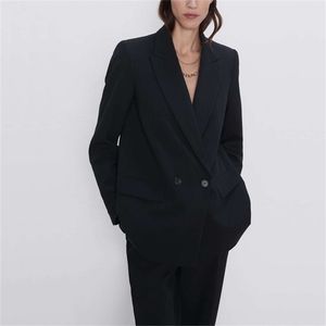 Autumn and winter women's blazer jacket casual solid color double-breasted pocket decorative coat 220402