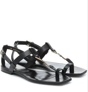 Dam Sommarsvart äkta läder Sandal Cassandra platta klackar flip flops Tofflor Öppen tå Flats Hälsandaler Elegant utomhus damskor Medaljongsandaler