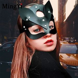 Sexy PU Leather Cat Mask For Women BDSM Fetish Cat ears Black Eye Mask Halloween Carnival Club Party Masks Catwoman Cosplay Mask 200929