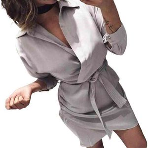 Hot Autumn Solid Color Women Long Sleeve Turn-Down Collar Belted Shirt Mini Dress Nylon/ Polyester/Spandex Casual Women's Dress L220705