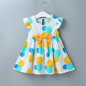 Summer Girls Dress Cute Pure Cotton Bow O-Collo senza maniche Wave Point Casual A-line Vestidos 210629