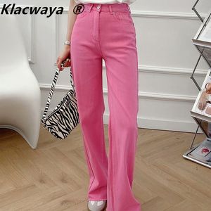 Womens Fashion Women Summer Pink Denim Jeans Pants Trousers High Waist Lady Wide Leg Pantalon 210521