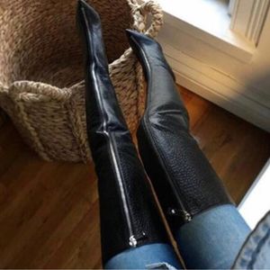 Fashion-Thigh-High boots pointed toes black stiletto Heels zipper botas soft leather women shoes Long Footwear Plus