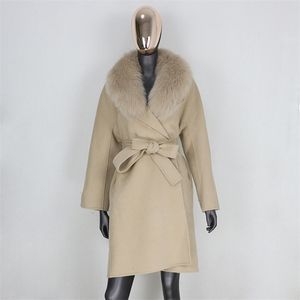 FURBELIEVE 2020 Real Fur Coat Winter Jacket Women Loose Natural Fur Collar Cashmere Wool Blends Outerwear Belt Streetwear LJ201106