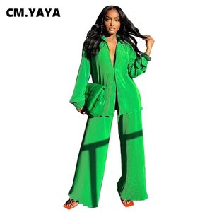 Cmyaya plissado sólido conjunto feminino camisas de manga longa e calças retas perna larga ternos treino duas peças conjunto fitness outfits 220801