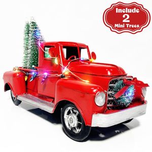 Party Decoration Christmas Red Truck LED String Lights Vintage Metal Pickup Car Model With Mini Trees Ornament Tabletop Decorparty