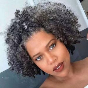 Salz und Pfeffer Afro Kinky Curly graue Echthaar-Perücken mit Farbverlauf, zweifarbig, silberfarben, kurze graue Perücke für schwarze Frauen, keine Spitze, maschinell hergestellte Kappe, 130 % Dichte, sanft