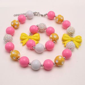 Collar de cuentas con lazo grueso para bebé, conjunto de joyería para niñas bonitas, pulseras de goma de mascar hechas a mano para niños, regalos de fiesta