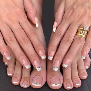 Unhas postiças 48 pçs borda branca francês press on conjunto falso wearable para mulheres meninas remendo de unhas manicure dedo do pé faça você mesmo falso