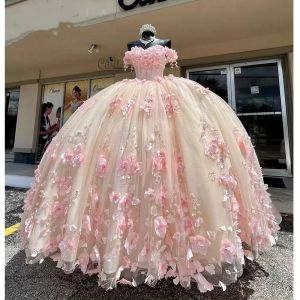Rosa luz quinceanera vestidos com d floral applique tule varredura trem fora do ombro frisado pregas doce aniversário vestido de baile feito sob encomenda