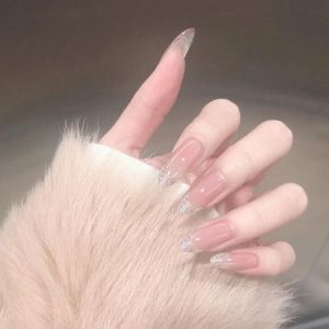 False Nails Shiny Pink Nude Extra Long Fake Coffin Full Cover Glossy Nail Ballerina With Glue Sticker