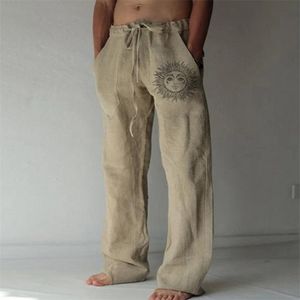 Erkek gündelik eşofmanlar güneş çiçek baskı tam uzunlukta pantolon cep çekme keten pantolon erkek 220705