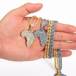 Kolye Kolyeleri Afrika Haritası Buzlu Zincir Rhinestone Kristal Altın/Gümüş Renk Kolye Moda Erkekler/Kadınlar Hediye Jewelrypendent