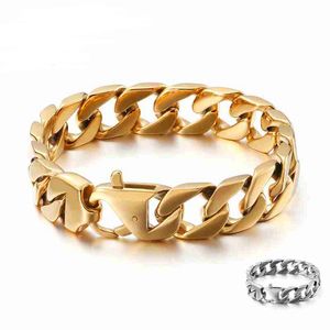 15mm Szerokie Męskie Kobiety Gold Curb Cuban Chain Link Bransoletka Bransoletka Homme Punk Rock Hiphop Ze Stali Nierdzewnej Opaska Mannen Biker Bransoletka Bransoletka Nadgarstek Biżuteria