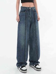 Dark Blue Women's Jeans High Waist Vintage Straight Baggy Denim Pants Streetwear American Style Fashion Wide Pipes Denim Pants L220728