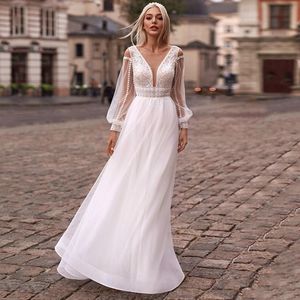 Other Wedding Dresses Classic A-Line Illusion Long Sleeves Dress Sheer V-Neck Appliques Lace Bridal Gowns Button Back Tulle GownsOther
