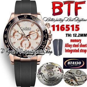 BTF Better Factory bt116515 Mens Watch Cal.4130 SA4130 Chronograph Automatic TH 12.2 Ceramics Bezel White Dial Rose Gold 904L Steel Case Rubber Strap Eternity Watches
