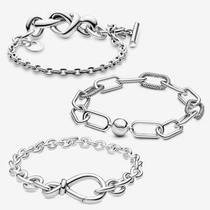 100 % 925 Sterling Silver Länkkedja Armband Passar Pandora Beads Berlocker För Kvinnor Gåva Med Originalkartong Lyx Designer Smycken Knot Heart T-Chain Armband