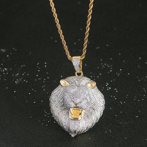 Men Hip Hop Lion Head Pendants Necklaces Male Bling Bling Iced Out 24inch Rope Chain Hiphop 5A Cubic Zirconia Stone Necklace 14K Real Gold Plating Pendant