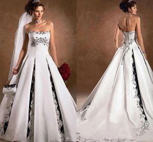 Retro białe i czarne gotyckie sukienki ślubne bez ramiączek haft koronkowy gorset a-line panna młoda szlafrok