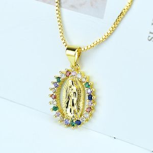 Colares pendentes colorido dourado vermeil virgem mary medalhão em forma redonda pavimenta cz pavimenta para mulheres colar