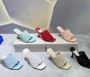 2022 Designers Women Womens High Heel Sandals tofflor Läder Mesh Sandal Slides Top Designer Ladies Party Slide Toe Toe Knit Thong Sandals Beach Flip Flops