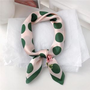 Women Spring Square Scarf 70x70cm Green Dot Rose Cartoon Chiffon Silk Elegant Flower Camera Headband Hair Bandana