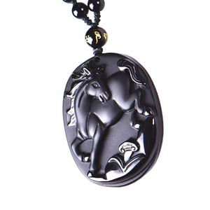 Bijoux Cheval Noir achat en gros de Collier de chevaux amulet chanceux Expédition noire noir obsidien Pendant zodiaque Crystal bijoux cadeaux