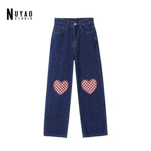 New Women Loose Vintage Harajuku Jeans High Waist Denim Casual Patchwork Heart Pants Summer Female Jeans Fashion Trousers T220728