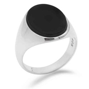 925 Sterling Men with Black Natural Onyx Stone Aqeeq Ring Thai Silver Simple Design for Man Women Turkish Jewelry