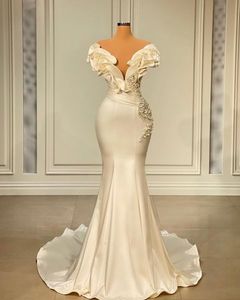 Sheer O-neck Mermaid Prom Dresses Vestidos de gala Ruffles Shoulder Pearl Beaded Matte Stain Arabic Trumpet Evening Gown