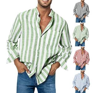 Mäns avslappnade skjortor män randiga linnestativ krage fickor långärmad knapp ner streetwear för camisa masculinamen's