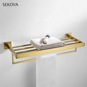 Brushed Gold Stainless Steel Towel Rack Square Towel Rail Holder Wall Mounted Bathroom Hardware Accessories BrushedMirrorBlack T200915